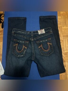 True Religion Navy Denim Jeans with Multicolor Horseshoe Stitching